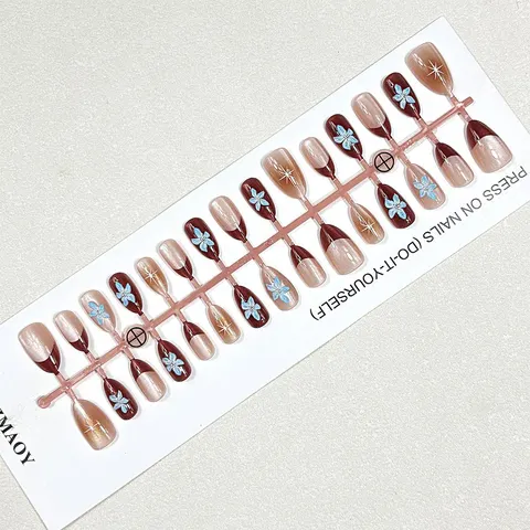 Brown 3D Flower French Short Almond Press-On Nails design 1