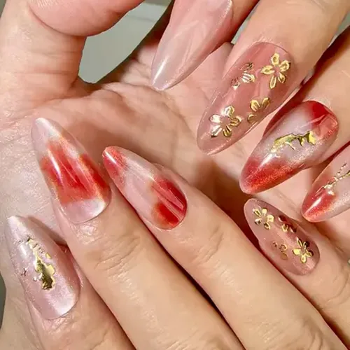 Brushed Gold Foil Flower Ombré Almond Press-On Nails photo 2