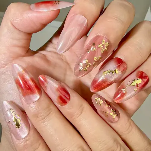 Brushed Gold Foil Flower Ombré Almond Press-On Nails photo 3