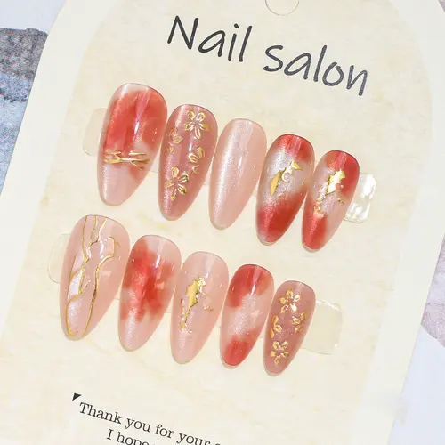 Brushed Gold Foil Flower Ombré Almond Press-On Nails photo 5