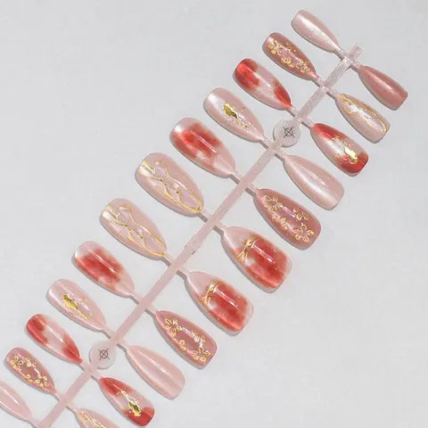 Brushed Gold Foil Flower Ombré Almond Press-On Nails design 1