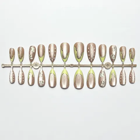 Butterfly Flower White Gold Foil French Almond Press-On Nails design 1