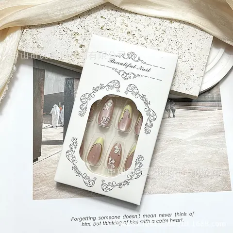Butterfly Flower White Gold Foil French Almond Press-On Nails design 2