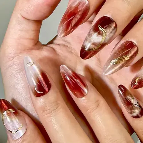 Caramel Amber Gold Foil Aura Cat Eye Almond Press-On Nails photo 2