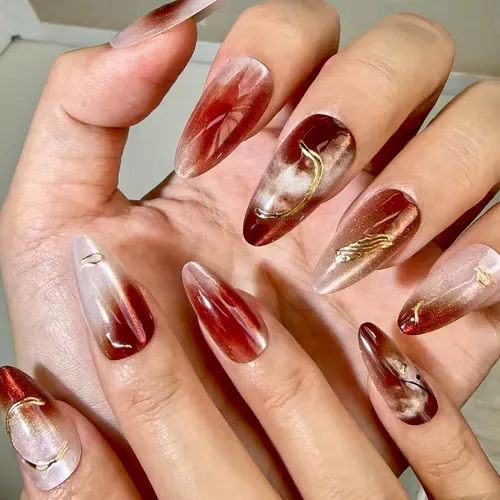 Caramel Amber Gold Foil Aura Cat Eye Almond Press-On Nails photo 3