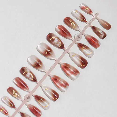 Caramel Amber Gold Foil Aura Cat Eye Almond Press-On Nails photo 4