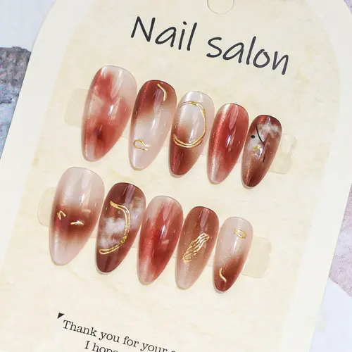 Caramel Amber Gold Foil Aura Cat Eye Almond Press-On Nails photo 5
