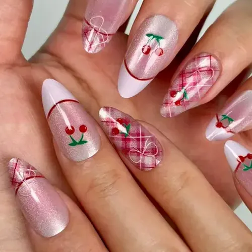 Cherry and Bow French Cat Eye Almond Press-On Nails photo 3