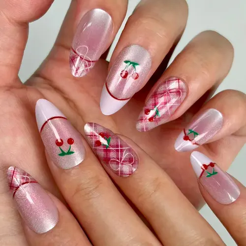 Cherry and Bow French Cat Eye Almond Press-On Nails photo 4