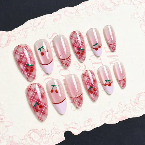 Cherry and Bow French Cat Eye Almond Press-On Nails photo 6