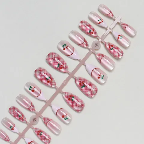 Cherry and Bow French Cat Eye Almond Press-On Nails design 1