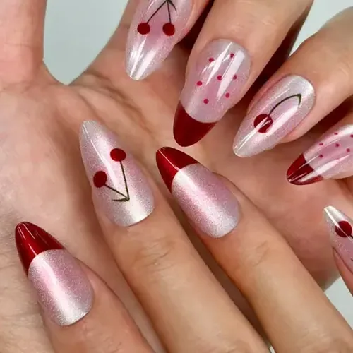 Cherry French Mirror Cat Eye Almond Press-On Nails photo 2