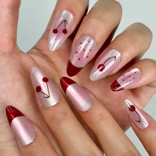 Cherry French Mirror Cat Eye Almond Press-On Nails photo 3