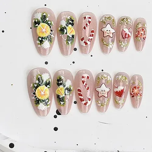 Christmas Tree and Orange Star Cat Eye Almond Press-On Nails photo 2