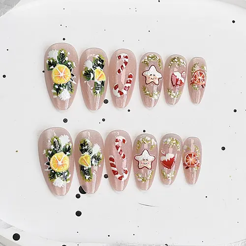 Christmas Tree and Orange Star Cat Eye Almond Press-On Nails photo 3