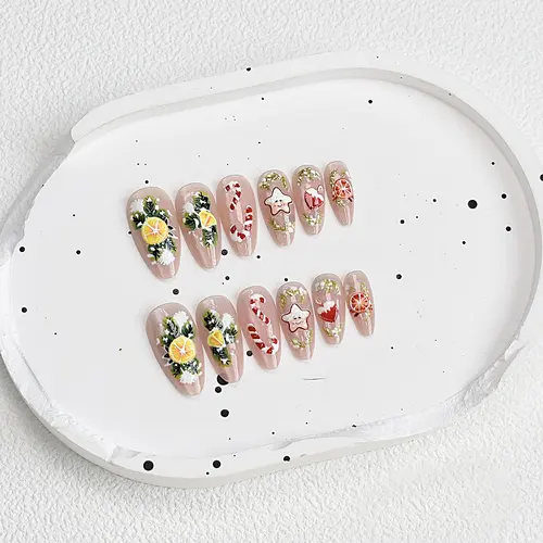 Christmas Tree and Orange Star Cat Eye Almond Press-On Nails photo 5