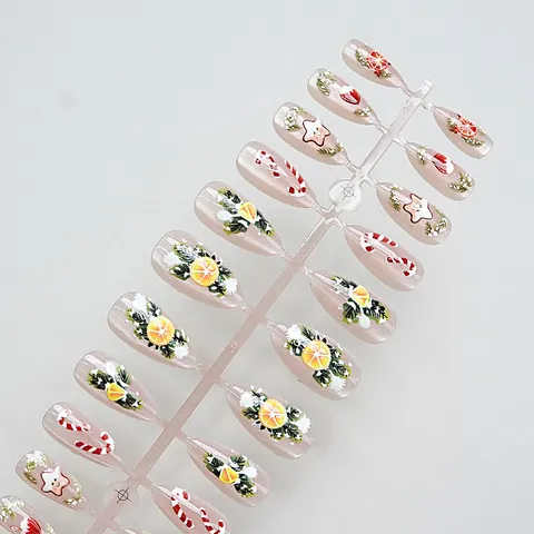 Christmas Tree and Orange Star Cat Eye Almond Press-On Nails design 1