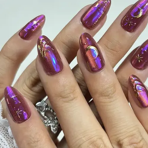 Chrome Star and Moon Tarot Cat Eye Short Almond Press-On Nails photo 2
