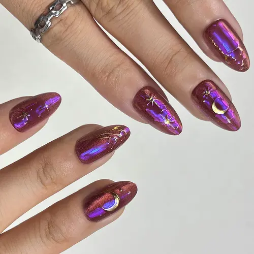 Chrome Star and Moon Tarot Cat Eye Short Almond Press-On Nails photo 5