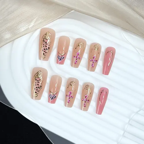 Classic Leopard Ombré Gold Foil Medium Square Press-On Nails photo 5