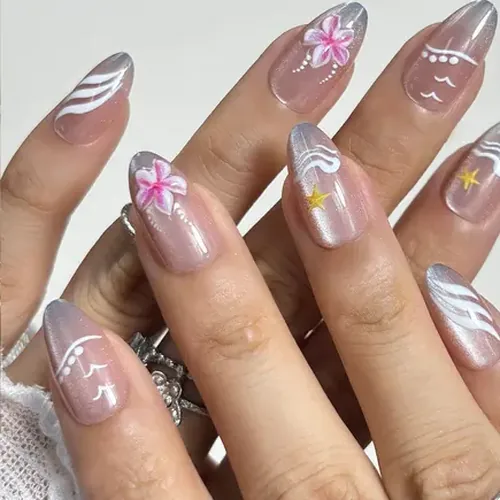 Clear Jelly 3D Color Flower Short Almond Press-On Nails photo 2