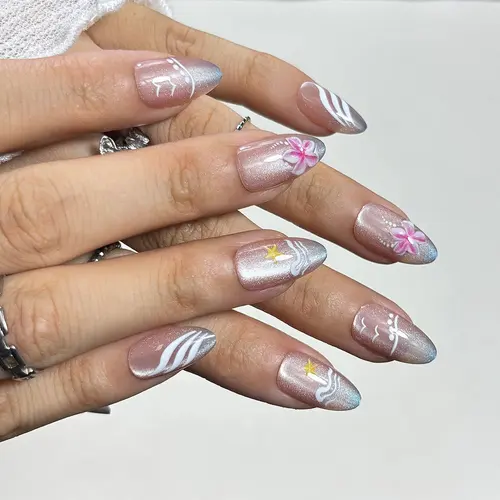 Clear Jelly 3D Color Flower Short Almond Press-On Nails photo 3