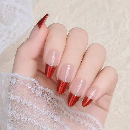 Color-Block Gold Foil French Almond Press-On Nails photo 4