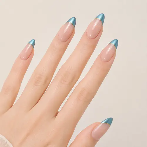 Color-Block Gold Foil French Almond Press-On Nails photo 5