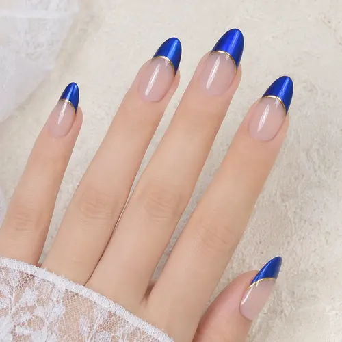 Color-Block Gold Foil French Almond Press-On Nails photo 6
