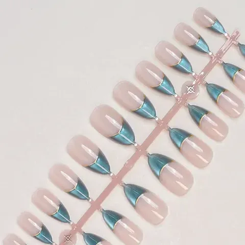 Color-Block Gold Foil French Almond Press-On Nails design 11