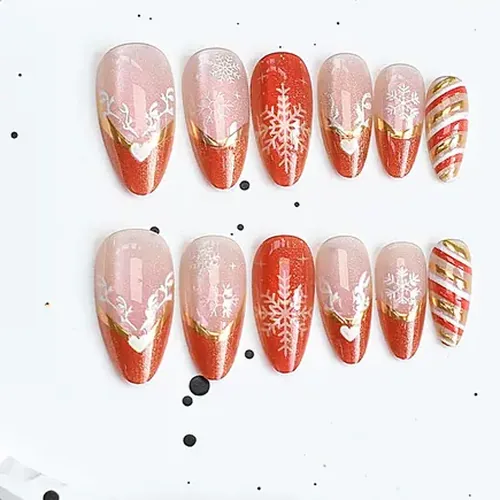 Color-Block Reindeer Gold Foil Christmas Cat Eye Press-On Nails photo 2