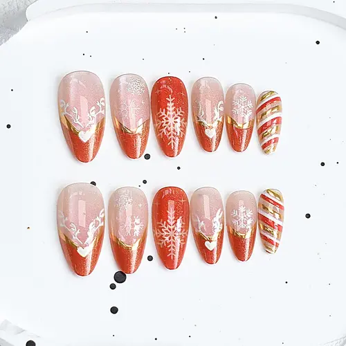 Color-Block Reindeer Gold Foil Christmas Cat Eye Press-On Nails photo 3
