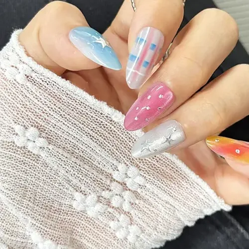 Colorful Blush Ombré Star Cat Eye Almond Press-On Nails photo 2