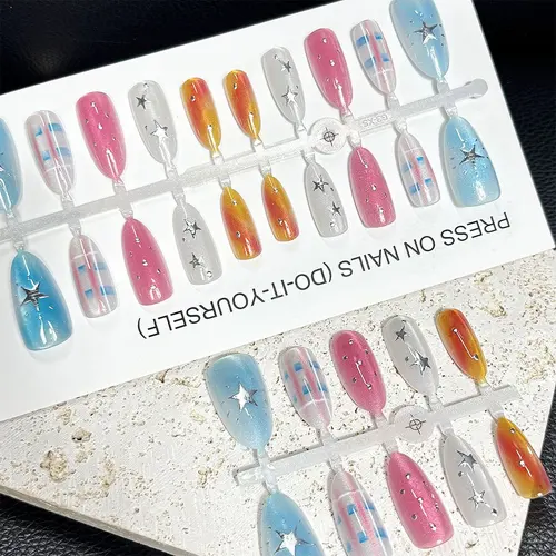 Colorful Blush Ombré Star Cat Eye Almond Press-On Nails photo 5
