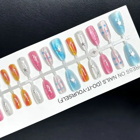 Colorful Blush Ombré Star Cat Eye Almond Press-On Nails design 1