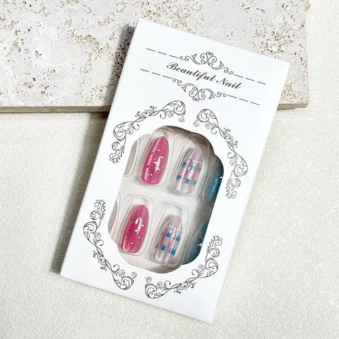Colorful Blush Ombré Star Cat Eye Almond Press-On Nails design 2