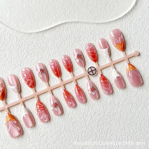 Coral Flower Shell-Texture French Cat Eye Press-On Nails design 1