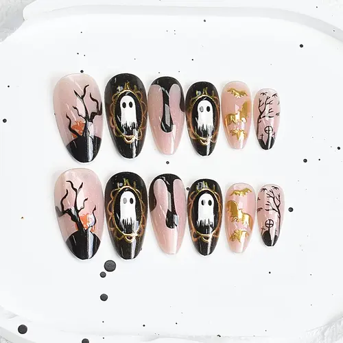 Cute Ghost and Spider Web Gold Foil Halloween Press-On Nails photo 3