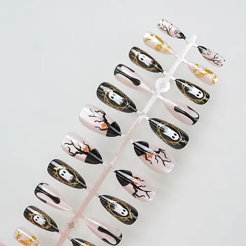 Cute Ghost and Spider Web Gold Foil Halloween Press-On Nails photo 4