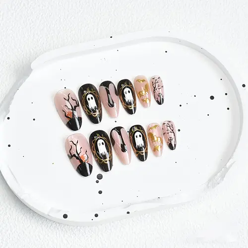 Cute Ghost and Spider Web Gold Foil Halloween Press-On Nails photo 5