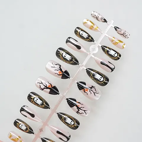 Cute Ghost and Spider Web Gold Foil Halloween Press-On Nails design 1