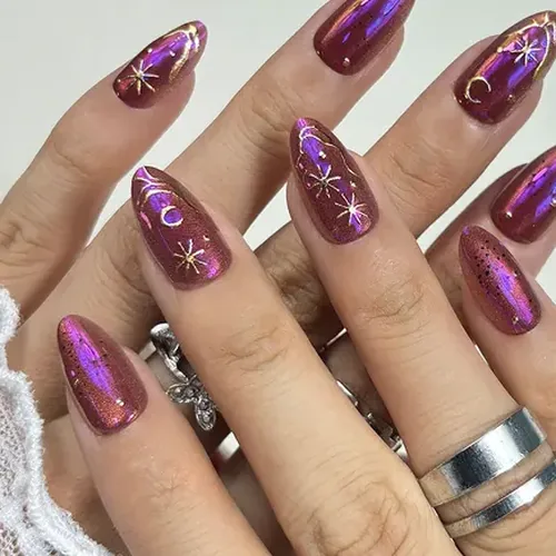 Dark Chrome Star and Moon Polarized Cat Eye Short Almond Press-On Nails photo 2