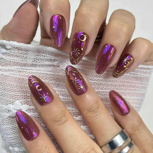 Dark Chrome Star and Moon Polarized Cat Eye Short Almond Press-On Nails photo 3