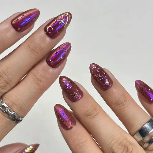 Dark Chrome Star and Moon Polarized Cat Eye Short Almond Press-On Nails photo 5