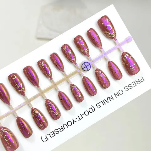 Dark Chrome Star and Moon Polarized Cat Eye Short Almond Press-On Nails design 1