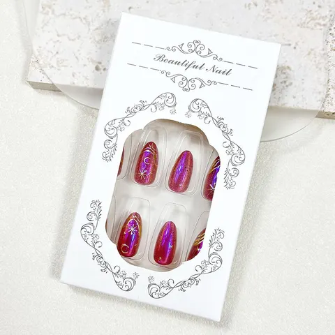 Dark Chrome Star and Moon Polarized Cat Eye Short Almond Press-On Nails design 2