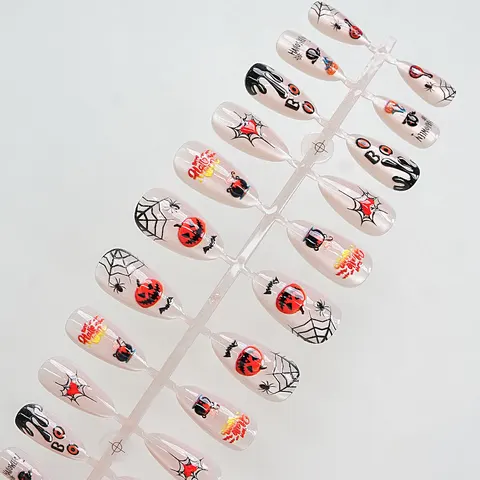 Dark Party Pumpkin and Spider Halloween Press-On Nails design 1