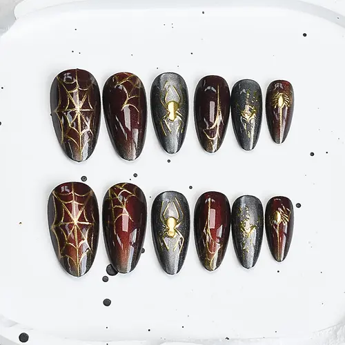 Dark Red Ombré Spider Web Gold Foil Halloween Press-On Nails photo 3