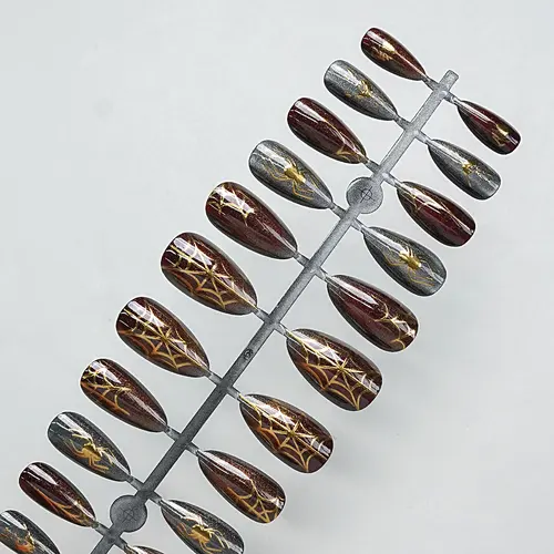 Dark Red Ombré Spider Web Gold Foil Halloween Press-On Nails photo 4