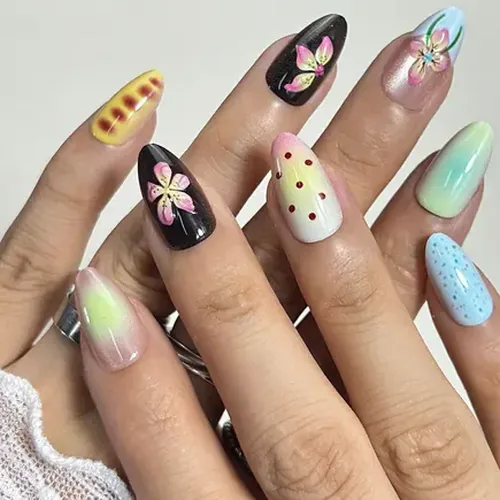 Fresh 3D Flower and Dot Ombré Short Almond Press-On Nails photo 2